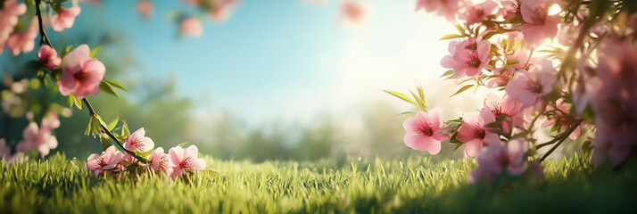 Spring cherry blossom pink flowers around green morning grass background, product scene photography wallpaper, green grass and blue sky, morning 
