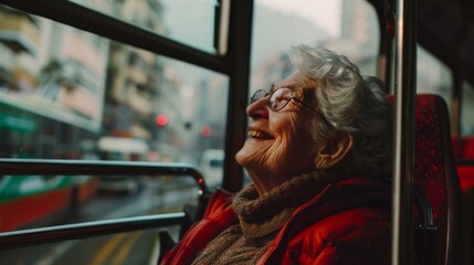 Fototapeta premium An elderly woman, smiling joyfully, rides a bus, savoring a moment of happiness during her journey.