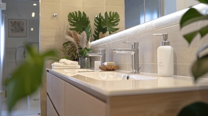 designed modern bathroom featuring a sleek freestanding bathtub, white herringbone tile walls, and green plants