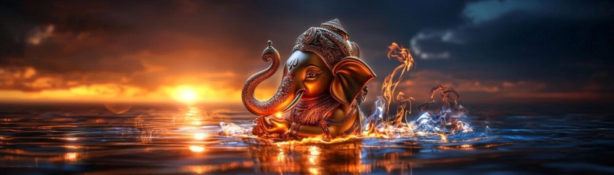 Ganesh visarjan in a sea, sunset background, vibrant colors, 3D illustration