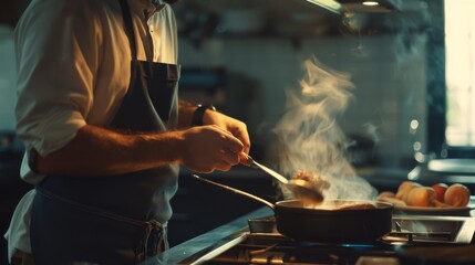 Fototapeta premium A chef skillfully stirs a steaming dish in a warmly lit kitchen, embodying the essence of culinary craftsmanship.