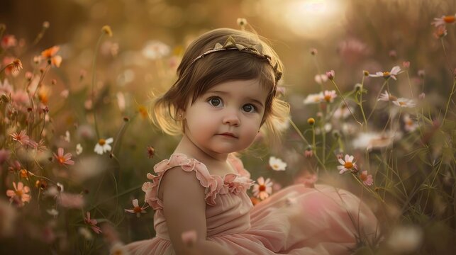 Charming one year old baby girl in pink dress and crown surrounded by a vibrant flower meadow