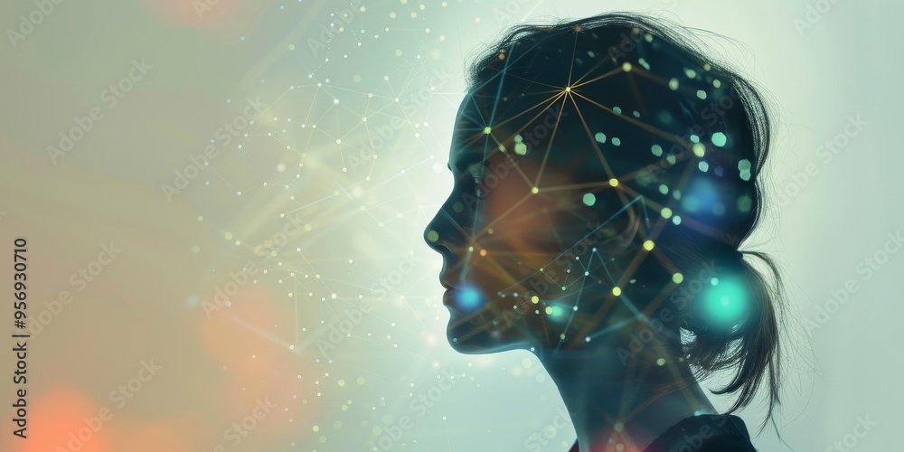 Poster a profile of a woman with a superimposed network grid, representing the integration of human and dig