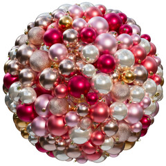 Christmas ornaments composition in the shape of sphere. Christmas balls in in red, pink and gold colors on a transparent background. 3D render. Holiday decoration.