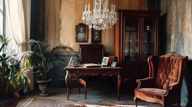 A cozy and sophisticated vintage inspired living room featuring an antique writing desk a plush wingback chair and a sparkling crystal chandelier that create a warm and inviting atmosphere