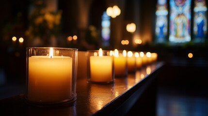 Row of candles in a church for memorial service, serene and respectful tribute