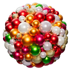 Christmas ornaments composition in the shape of sphere. Christmas balls in different colors on a transparent background. 3D render. Holiday decoration.