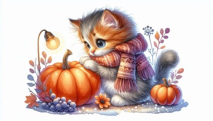 A charming watercolor illustration of a cute kitten wearing a scarf and playing with a pumpkin. The image symbolizes autumn, warmth, playfulness, and the beauty of nature.