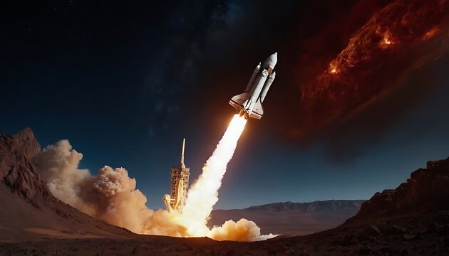 A powerful rocket taking off into the sky, leaving behind a trail of smoke. Perfect for illustrating space exploration, scientific advancements,7