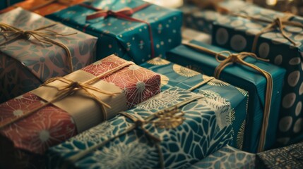 A stack of beautifully wrapped presents in blue and gold with intricate patterns, creating a festive, anticipatory mood.