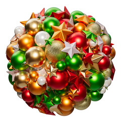 Christmas ornaments composition in the shape of sphere. Christmas balls in different colors on a transparent background. 3D render. Holiday decoration.