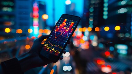 A brightly lit smartphone screen displays colorful data graphs against a backdrop of blurred city lights, highlighting technology and connectivity in an urban setting.