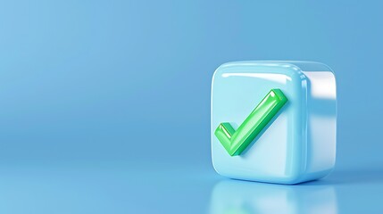 3D rendered green checkmark on a glossy pastel blue cube over a solid blue background. Symbolizing agreement, approval, or verification.