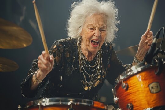 Elderly woman playing drums in a rock band, passionately immersed in the music. Her face glowing with enthusiasm and rhythm. Professional portrait highlighting her dynamic energy.