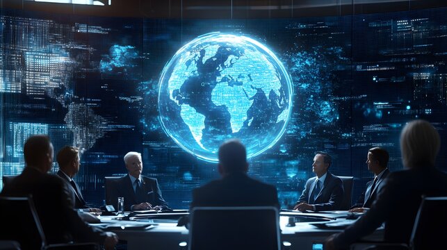 A holographic globe displaying advanced data analytics, surrounded by world leaders in a high-tech meeting room