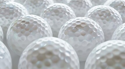 A close-up of several dimpled golf balls, emphasizing their texture and consistent pattern, fundamental elements in golfing.