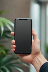 Person hand holding black smartphone blank screen A person holdi