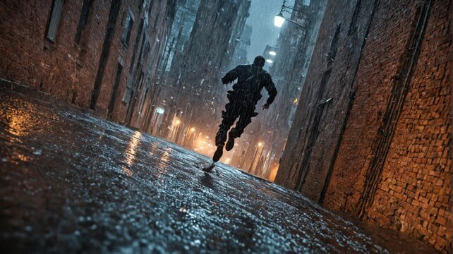 Person mid-air running wet street night is wearing A thief sprin