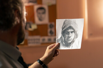 close up in the detective's office middle-aged investigator in a shirt and tie examines with a magnifying glass studies evidence examines clues in search of the culprit photofit route criminal's board