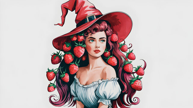 Illustration of a young woman with long pink hair adorned with strawberries, wearing a red witch hat and white blouse. Combines elements of fantasy, nature, and magic, portraying a whimsical, enchanti
