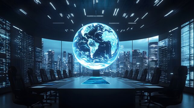 A futuristic boardroom with a holographic Earth at its center, surrounded by international leaders discussing global issues
