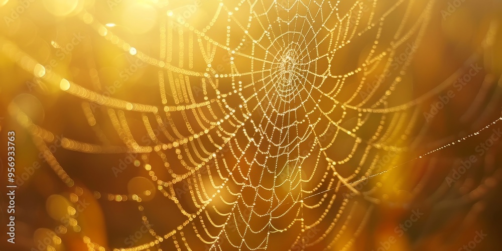 Poster a web of spider silk threads shimmering in the sunlight, symbolizing delicate yet strong connections