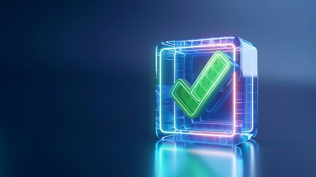 A 3D glowing neon checkmark inside a transparent cube on a dark background, symbolizing success, approval, or completion.