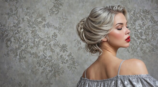 Portrait young woman blonde hair styled elegant updo A beautiful