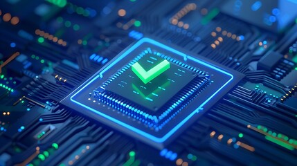 Fototapeta premium A digital illustration of a glowing checkmark on a circuit board, representing secure technology and successful data verification processes.
