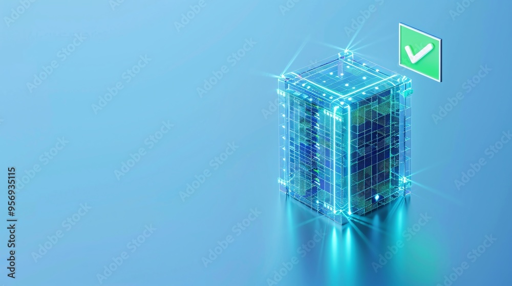 Poster a futuristic 3d-rendered server or data center with a glowing checkmark, representing data security 