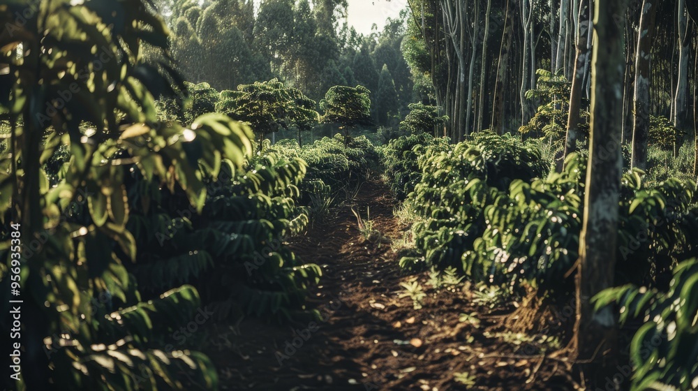 Wall mural A sunlit path through a dense, vibrant coffee plantation with lush greenery in the morning.