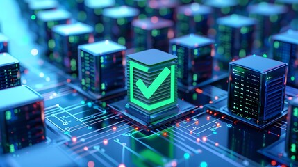 Fototapeta premium A futuristic digital blockchain network with data blocks and a highlighted checkmark at the center, symbolizing secure data verification.