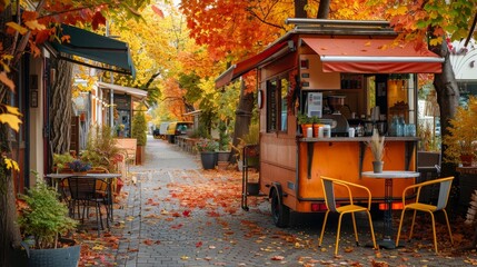 Charming autumn street scene with vibrant foliage and a unique mobile coffee shop experience