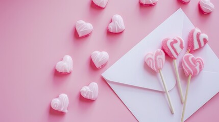 Fototapeta premium An array of pink heart-shaped candies and heart-shaped lollipops on a pink background with a white envelope, channeling a sweet and romantic vibe.