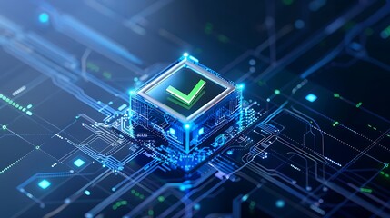 A futuristic digital security concept featuring a glowing check mark inside a circuit-like structure, symbolizing advanced verification technology.