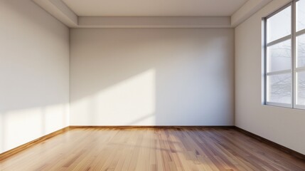 An empty room bathed in natural light, featuring wooden floors and large windows, exuding simplicity and elegance.