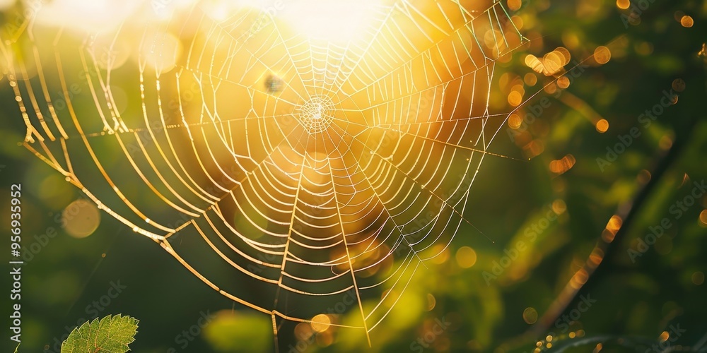 Poster a web of spider silk threads shimmering in the sunlight, symbolizing delicate yet strong connections