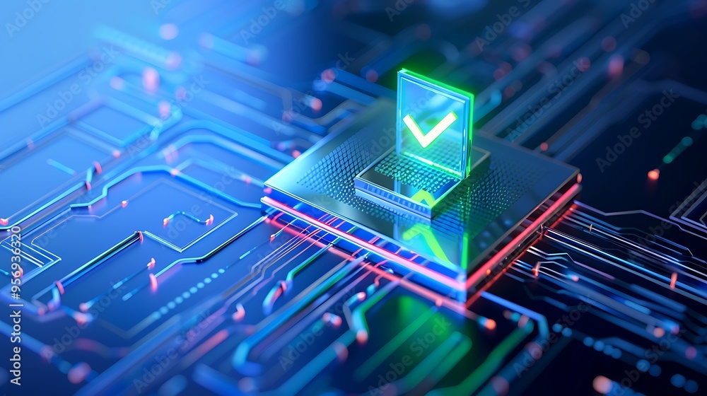 Poster a glowing checkmark symbol on a futuristic circuit board representing technology and security valida