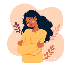 Self love concept, woman hugging herself, vector illustration in flat style