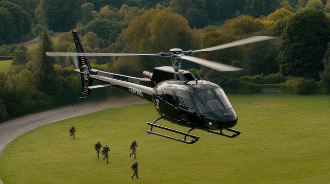 A military helicopter descends in a grassy field while soldiers patrol along a nearby road, with a vibrant forest stretching into the background