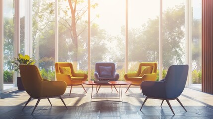 Fototapeta premium A stylish lounge area with colorful chairs arranged in a circle, surrounded by floor-to-ceiling windows letting in soft, illuminating light.