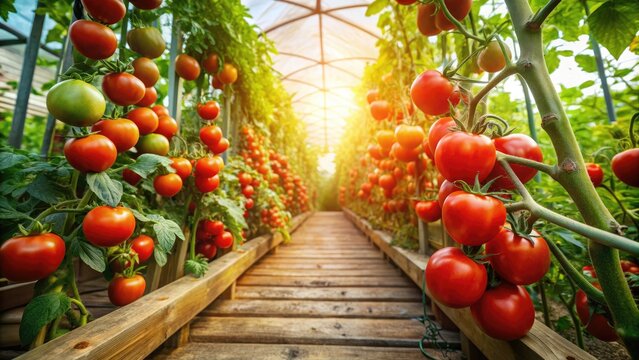 Ripe red tomatoes grow on vines surrounded by lush green leaves and rustic wooden beams in a cozy, naturally-lit greenhouse interior.