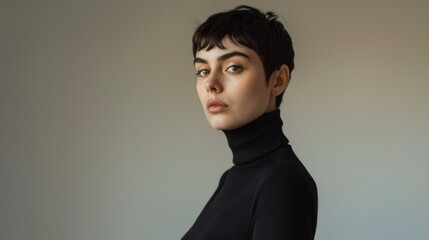 Obraz premium A poised individual with short hair, wearing a black turtleneck, gazes thoughtfully into the distance, framed by a soft, plain background.