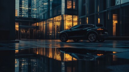 A black SUV parked in front of a modern office building with reflections in a puddle on the wet pavement.