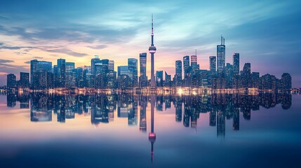 Obraz premium Serene Modern City Skyline Reflected in Calm Water at Twilight