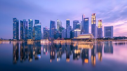 Fototapeta premium Serene Reflection of a Glowing Cityscape During Twilight Hours