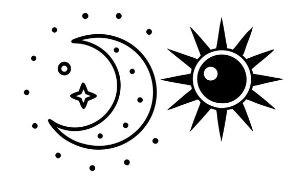recommend clip art: Download Sun And Night Moon With Stars Editable Stroke Outline  Icons Set Isolated On White Background Flat Vector Illustration.  Svg File For Design.