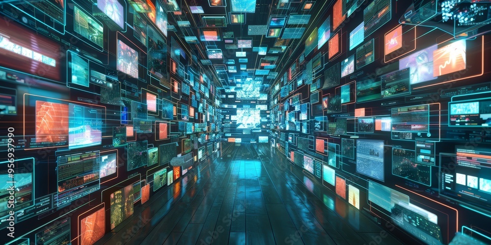 Poster Conceptual illustration of information overload with multiple screens and data streams
