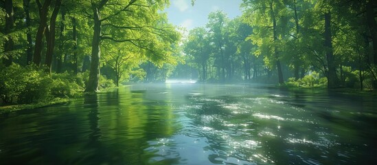 Fototapeta premium Tranquil River Scene Showcasing the Peaceful Beauty of a Lush Forest Landscape with Warm Sunlight and Vibrant Reflections on the Water