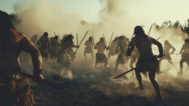 Warriors silhouetted against a smoky battlefield, charging with spears in a dramatic and intense scene of battle under the dim light.